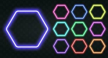 Neon- Hexagon Rand mit Kopieren Raum. Vorlagen einstellen von Neon- rahmen. geometrisch glühen Gliederung gestalten oder Laser- glühend Linien. Vektor Illustration.