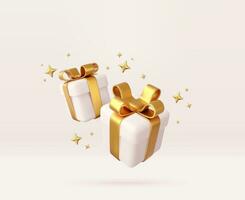 3d Weiß Geschenk Kisten mit golden Band und Bogen. Geburtstag Feier Konzept. fröhlich Neu Jahr und fröhlich Weihnachten 2023 Weiß Geschenk Kisten mit golden Verbeugungen. 3d Wiedergabe. Vektor Illustration