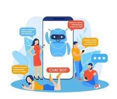 chatbot ai och kund service begrepp. människor talande med chatt bot i en stor smartphone skärm. ai robot assistent för användare korrespondens. kund Stöd. vektor illustration i platt stil