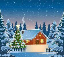 ein Haus im ein schneebedeckt Weihnachten Landschaft beim Nacht. Weihnachten Baum. Konzept zum Gruß oder Post- Karte vektor