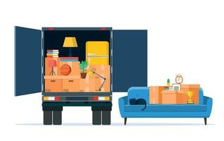 Lieferung Bedienung Konzept. ziehen um Haus. LKW zum Transport von Waren geladen mit Karton Boxen. Lieferung LKW mit ein Bündel von Boxen. Vektor Illustration im eben Stil