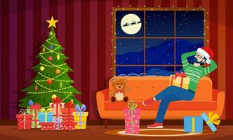 tecknad serie mysigt interiör av levande rum med man på soffa, jul träd. Lycklig ny år dekoration. glad jul Semester. ny år och xmas celebration.vector illustration i platt stil vektor