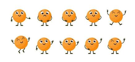 tecknad serie rolig frukter. Lycklig orange med ansikte. sommar frukt orange tecken isolerat på vit. vektor illustration i platt stil