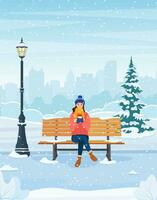 Karikatur glücklich Mädchen Sitzung auf ein Bank mit ein Tasse von Kaffee im das Winter Park. Vektor Illustration im eben Stil