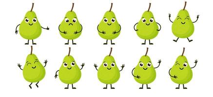 Karikatur komisch Früchte. glücklich Birne mit Gesicht. Sommer- Obst Birne Zeichen isoliert auf Weiß. Vektor Illustration im eben Stil