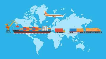Ladung Logistik Transport. Versand, Lieferung Auto, Schiff, Flugzeug Transport auf ein Hintergrund Karte von das Welt. importieren Export . global Fracht Transport. Vektor Illustration im eben Stil