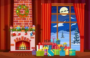 Weihnachten Innere von Zimmer mit Fenster, Geschenke und dekoriert Kamin. glücklich Neu Jahr Dekoration. fröhlich Weihnachten Urlaub. Neu Jahr und Weihnachten Feier. Vektor Illustration eben Stil