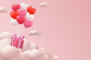 Valentinstag s Tag Konzept. 3d Herz heiß Luft fliegend mit Geschenk Box auf Wolke Hintergrund. Liebe Konzept zum glücklich Mutter s Tag, Valentinstag s Tag, Geburtstag Tag. Vektor Illustration