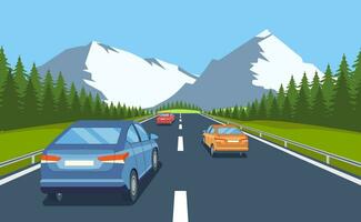 motorväg kör med skön landskap. resa väg bil se. väg med bilar. stad trafik på motorväg med panorama- visningar vektor illustration i platt design