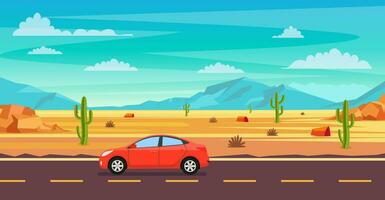 Wüste Landschaft. Kaktus Pflanzen, Straße und Felsen auf das Sand. natürlich Hintergrund. rot Auto Fahren auf ein Straße im das Wüste Karikatur wild Westen Texas. Vektor Illustration im eben Stil