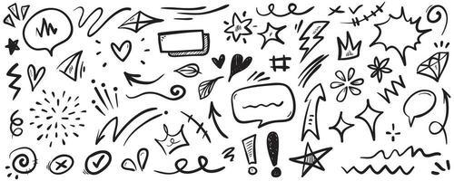 Vektorset von handgezeichneten Cartoony-Ausdruckszeichen-Doodle, Kurvenrichtungspfeilen, Emoticon-Effekt-Designelementen, Cartoon-Charakter-Emotionssymbolen, niedlichen dekorativen Pinselstrichlinien. vektor
