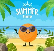 rolig sommar baner med frukt tecken. tropisk strand. sommar landskap. tecknad serie orange tecken tropisk strand. vektor illustration i platt stil