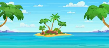 Karikatur tropisch Insel mit Palme Bäume. Insel im Ozean, unbewohnt Insel mit Strand, Felsen umgeben mit Meer Wasser und wolkig Himmel über. tropisch Landschaft. Vektor Illustration im eben Stil