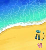 oben Aussicht von Ruhe Ozean Strand mit Blau Wellen. Küste von Meer, Ozean mit Sand. Meer Surfen, oben Sicht, Hintergrund zum ein Sommer- tropisch Banner oder Werbung bietet an. Vektor Illustration im eben Stil