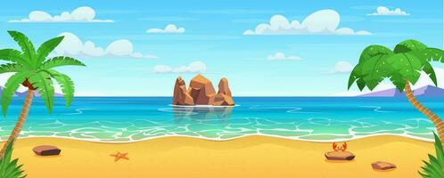 tecknad serie sommar strand. paradis natur semester, hav eller hav stranden. hav strand landskap. hav landskap med stenar i vatten och moln. panorama med handflatan träd. vektor illustration i platt stil