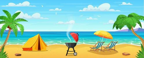 Sommer auf das Strand. Karikatur Tourist Zelt Camping und Sonne Liegen auf das tropisch Strand . Sommer- Ferien auf Meer Küste. Vektor Illustration im eben Stil