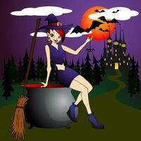 Vektor Illustration von ein Halloween Hexe mit ein Besenstiel