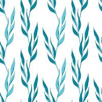 Vektor Muster mit Blau Klingen von Gras, Frühling Gräser, Zweige mit Blätter im handgemalt Stil auf ein Weiß Hintergrund. botanisch Illustration zum Stoffe, Geschenk Verpackung, Kleidung