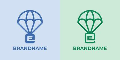 första e fallskärmsnedsläpp logotyp uppsättning, bra för företag relaterad till fallskärmsnedsläpp eller fallskärmar med e första vektor