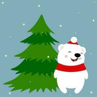 rolig vit Björn nära till jul träd. vektor
