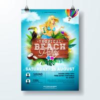 Vektor-Sommer-Strandfest-Flieger-Design mit sexy jungem Mädchen und typografischen Elementen vektor