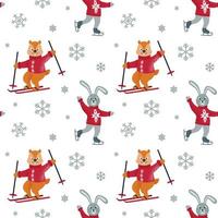 Winternahtloses Muster mit Schlittschuhhase, Skistreifenhörnchen und Schneeflocken. Weihnachtsdesign. Vektor-Illustration. vektor