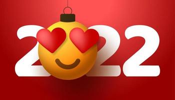 gott nytt år 2022 med hjärtat leende känslor. vektor illustration i platt stil med nummer 2022 och kärlek hjärtkänslor i julkula hänger på tråden.