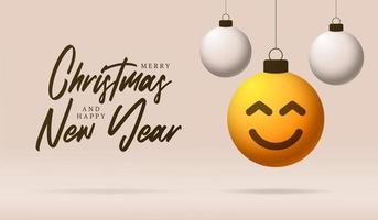 Frohe Weihnachtskarte mit Lächeln Emoji-Gesicht. Vektorillustration im flachen Stil mit Weihnachtsbeschriftung und -gefühl in der Weihnachtskugel hängen am Faden auf dem Hintergrund vektor