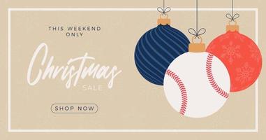 Baseball Frohe Weihnachten Verkauf horizontale Banner. Weihnachtskarte mit Sport-Baseball-Ball hängen an einem Faden im Hintergrund. flache und Cartoon-Vektor-Illustration vektor