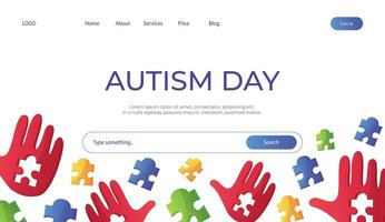 Landung Seite Welt Autismus Bewusstsein Tag mit Hand bunt Puzzle Stücke. International Solidarität, Asperger Tag. Gesundheit Pflege, mental Erkrankung. Sozial Medien Post zum Poster, Banner, Abdeckung, Karte vektor