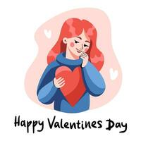 en skön flicka innehar en röd hjärta i henne händer. en rödhårig kvinna lyckönskningar Lycklig hjärtans dag. vektor, tecknad serie, platt vektor