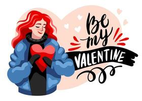 en skön flicka innehar en röd hjärta i henne händer. en rödhårig kvinna i en jacka lyckönskningar Lycklig hjärtans dag. vektor, tecknad serie, platt vektor