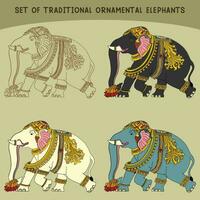 einstellen von traditionell Zier Elefant Design im anders Farbe und Linie Kunst vektor