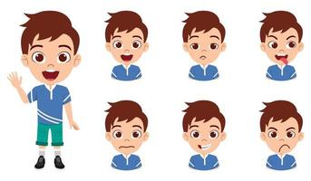 glad söt vacker unge pojke karaktär bär t-shirt outfit med olika känslor och ansiktsuttryck och vinka vektor