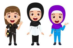 glückliche süße kind junge und mädchen professionelle charaktere, die ihre uniformen tragen muslimische arabische arztkrankenschwester polizei vektor