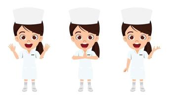 glad söt sjuksköterska karaktär bär sjuksköterska outfit och vinka poserar pekande vektor