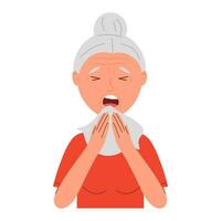 senior kvinna nyser. influensa eller kall symptom i sjuk människor. vektor illustration av ohälsosam person