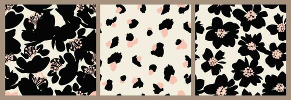 einstellen von Blume nahtlos Hintergrund. minimalistisch abstrakt Blumen- Muster. modern drucken im schwarz und Weiß Hintergrund. Ideal zum Textil- Design, Hintergrund, Abdeckungen, Karten, Einladungen und Plakate. vektor