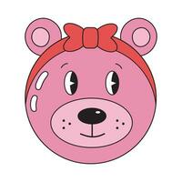 süß Teddy Bär Mädchen mit Bogen im groovig retro Stil. komisch Rosa Bär Symbol. vektor