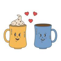 två koppar av kaffe i kärlek i häftig retro stil. Lycklig valentines dag, romantisk begrepp. hippie retro årgång kärlek element. vektor