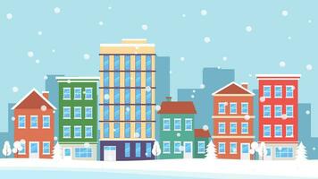schön Winter Stadtbild mit bunt Häuser, Gebäude, und Bäume. Hintergrund mit ein Schnee Thema. Vektor Illustration im eben Stil. geeignet wie ein Banner, Postkarte, oder Vorlage