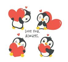 süß Pinguine Valentinstag mit Herz Karikatur Zeichnung Satz, kawaii Tier Charakter Illustration Sammlung. vektor