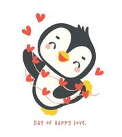 süß Pinguin Valentinstag mit rot Herzen Karikatur Zeichnung, kawaii Tier Charakter Illustration. vektor