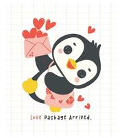 söt pingvin valentine leverans kärlek post tecknad serie teckning, söt djur- karaktär illustration. vektor