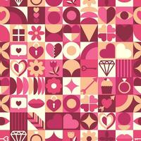 abstrakt geometrisk valentines dag sömlös mönster. ikon med symbol av kärlek. hjärta, gåva, pil, nyckel, ringa, blomma, mun, juvel. trendig design för bakgrund, textil, förpackning, omslag, omslag. vektor