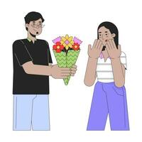 pojkvän ger bukett blommor till flickvän linje tecknad serie platt illustration. arab par heterosexuell 2d linjekonst tecken isolerat på vit bakgrund. romantisk scen vektor Färg bild