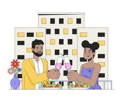 afrikansk amerikan romantisk par dining linje tecknad serie platt illustration. älskande glasögon klirr 2d linjekonst tecken isolerat på vit bakgrund. dejting valentine dag scen vektor Färg bild