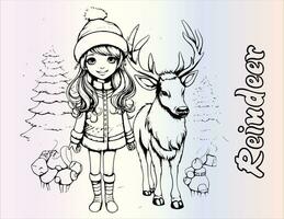 jul flicka och ren färg sidor teckning för barn vektor