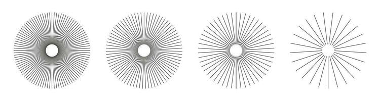 radial Kreis Linien. kreisförmig Linien Elemente. Symbol von Sonne Star Strahlen. eben Design Elemente. Speichen mit ausstrahlen Streifen. abstrakt Illusion geometrisch Formen. vektor