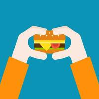 Hand halten frisch Burger. schnell Essen Speisekarte Symbol bereit zu Essen im Karikatur Vektor Illustration
